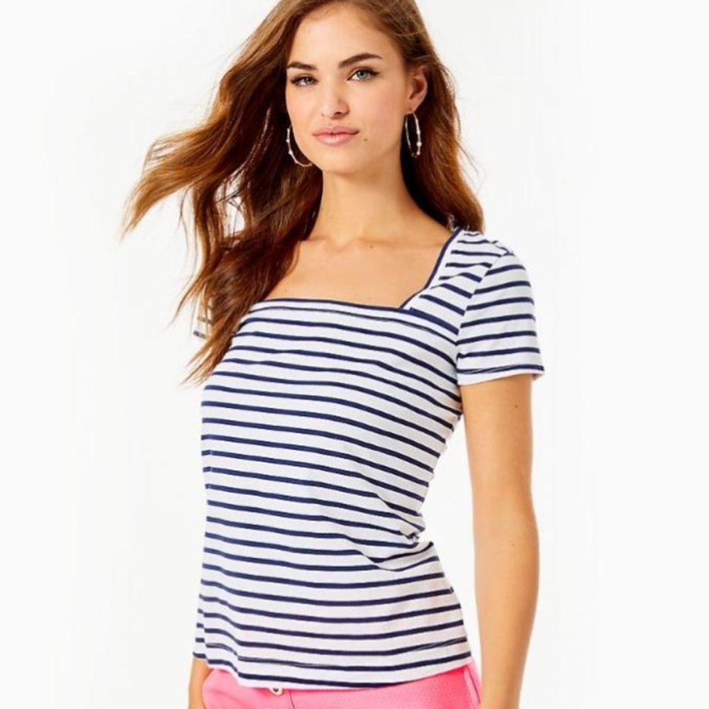 Lilly Pulitzer White and Navy Striped Short Sleeve Square Neck Tee